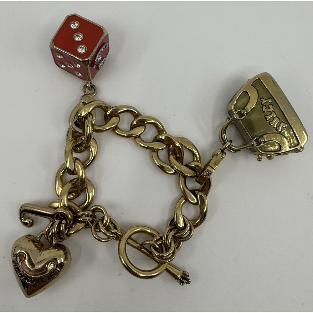 Juicy Couture Gold Chunky Charm Bracelet Dice Heart‎ Key Toggle Y2K VTG